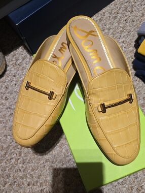 Sam Edelman Yellow Croc-Embossed Loafer Mules with Gold Bit